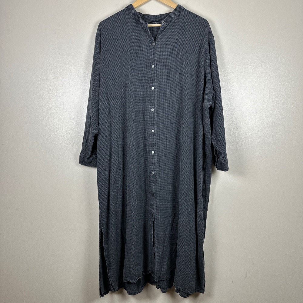 Eileen Fisher Women's M Midi Dress Gray Tencel Lyocell Micro Check Button Front